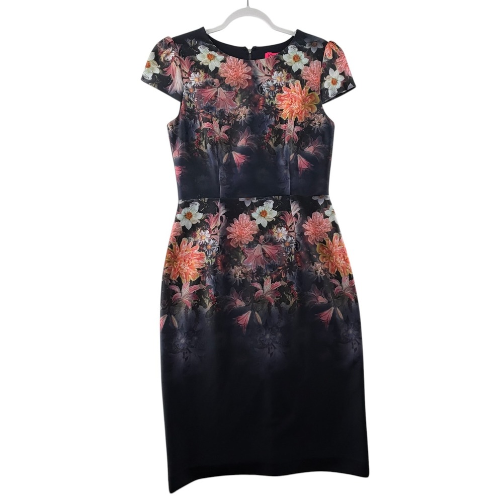 Betsey Johnson Floral Scuba Sheath Dress Womens 10 Navy Blue Cap Sleeve Cocktail